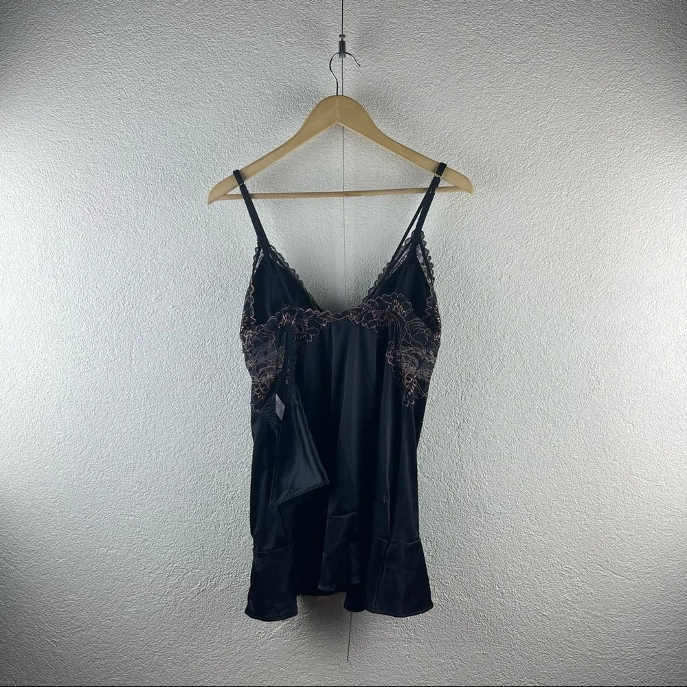 Auden l M Black Satin Lace Lined Cups Ruffled Babydoll Negligée with Thong Set